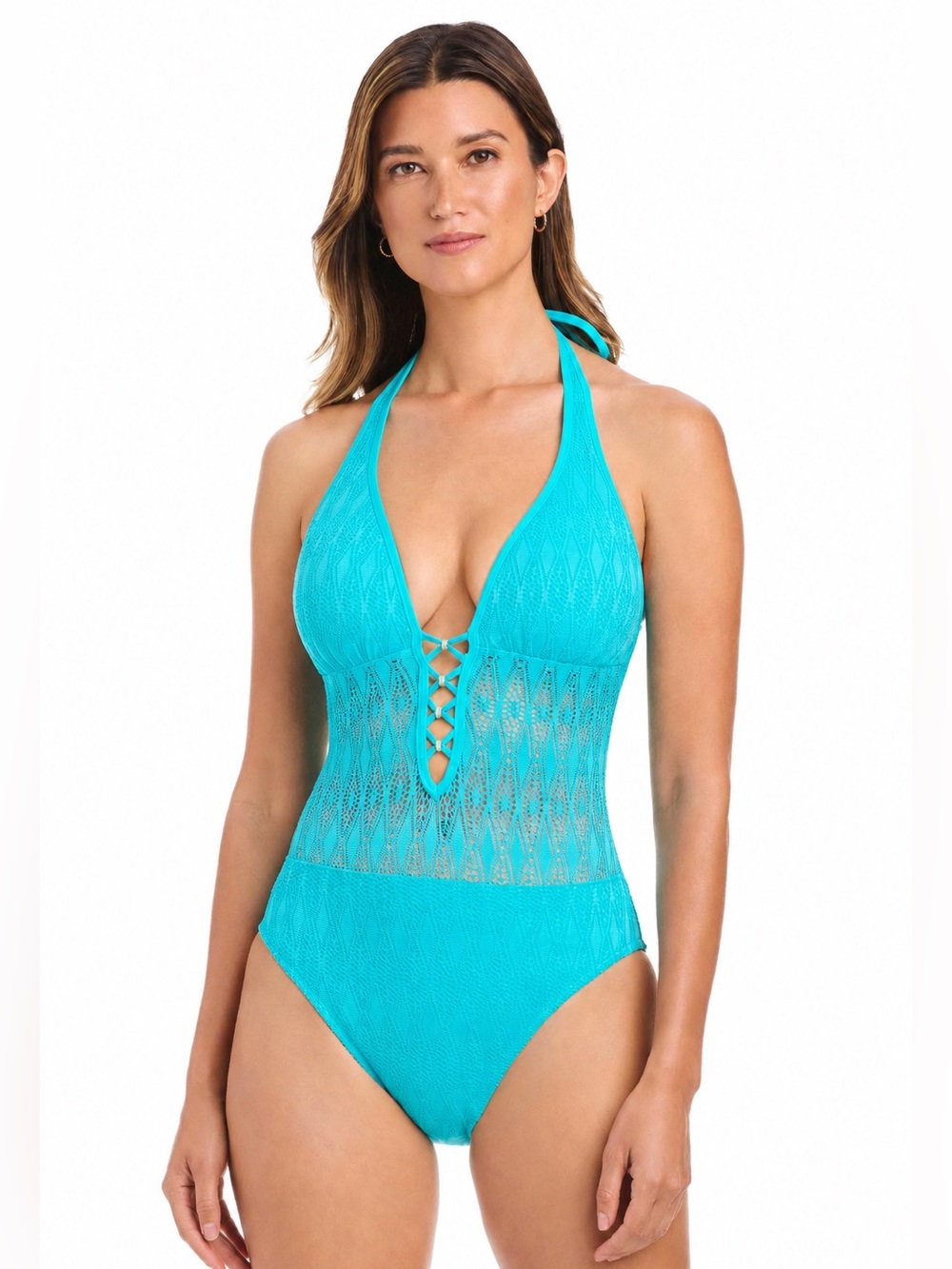 Bleu Rod Beattie Crochet Lace-Down Halter One-Piece Swimsuit Waterfall Blue 10